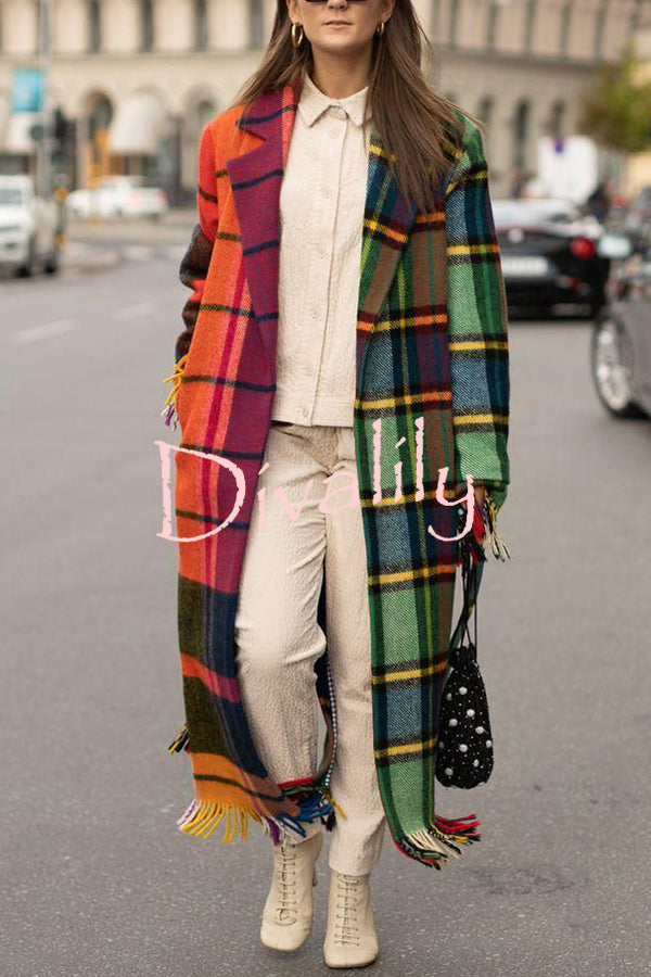 Fashionable Color-block Plaid Print Lapel Long-sleeved Casual Long Coat