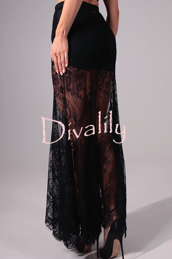 Perfect Party Lace Elastic Waist Contains Lining A-line Maxi Skirt