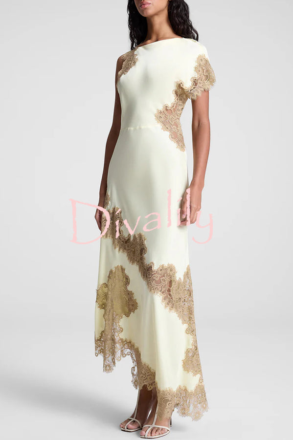 Paris Dream Satin Lace Trim Irregular Design Drape Maxi Dress