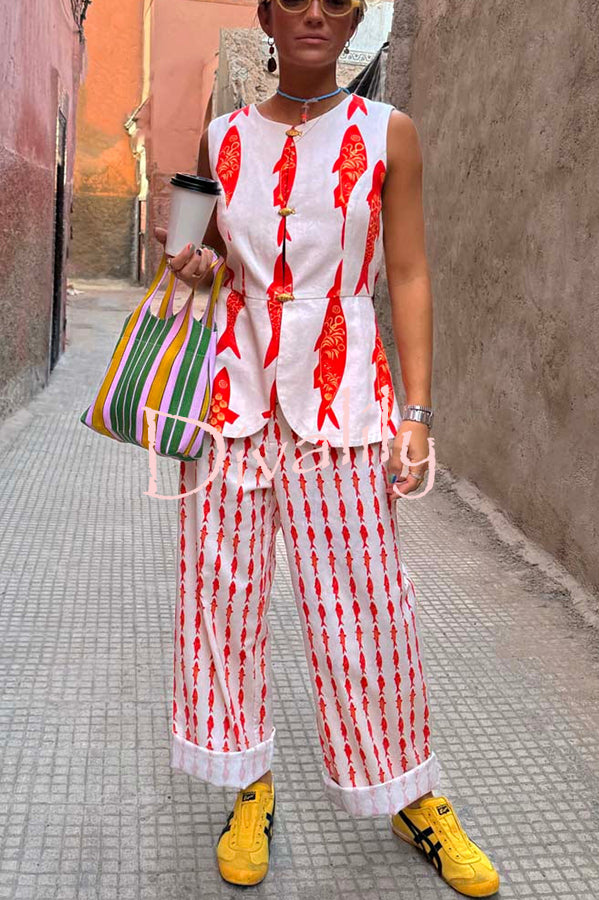 Good Luck Linen Blend Koi Pattern High Rise Elastic Waist Loose Pants