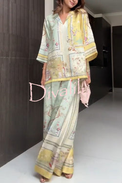 Elonie Satin Floral Print V-neck Half Sleeve Top and Elastic Waist Wide Leg Pants Set