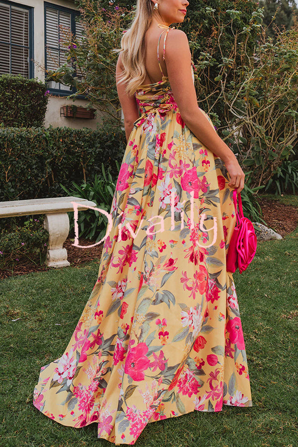 Garden Wedding Floral Print Back Tie-up Pocketed Slit Maxi Dress