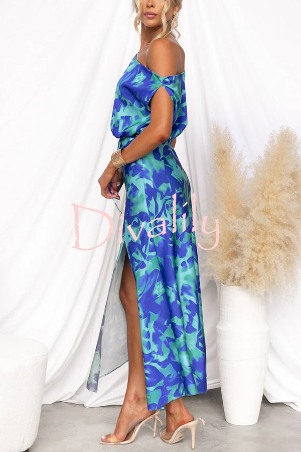 Satin Unique Print One Shoulder Tie Waist Slit Maxi Dress