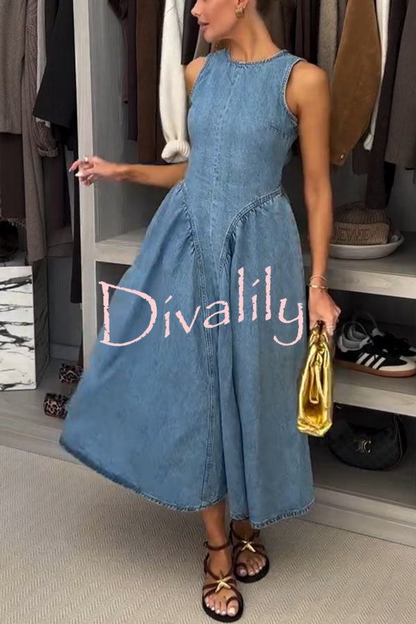 Classic and Stylish Denim Open Back Tie-up Gathered Hip Stretch Midi Dress