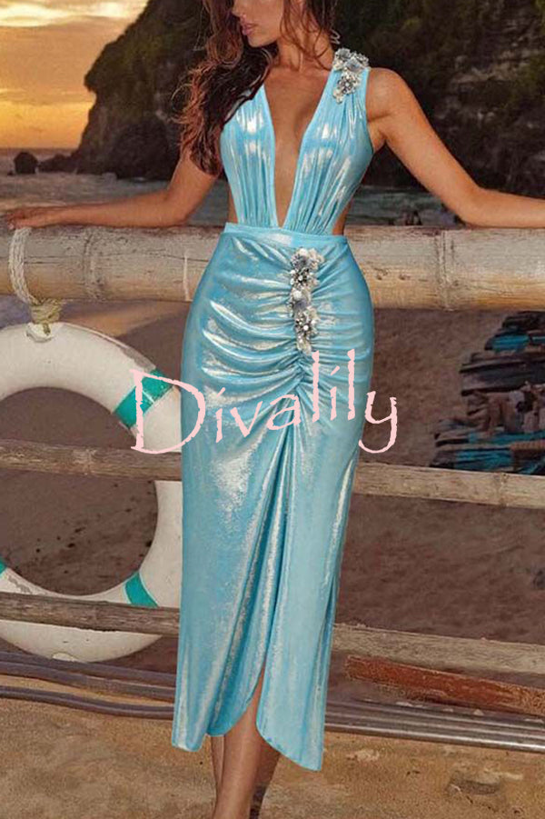 Solid Color Shiny Fabric Deep V Metal Embellished Stretch One-piece Swimsuit