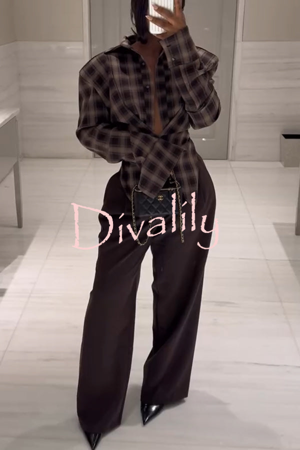 Vintage Plaid Shoulder Pad Buttons Long Sleeve Angled Hem Shirt