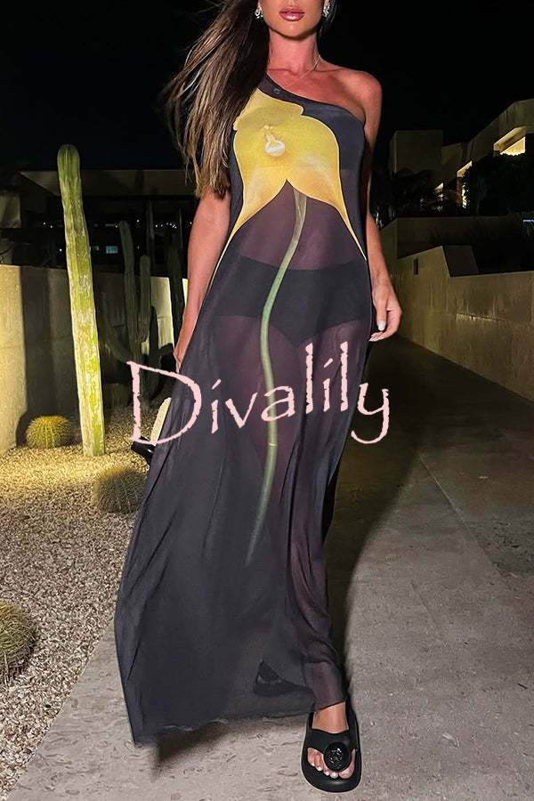 Dalia Tulle See Through Floral Print One Shoulder Vacation Maxi Dress