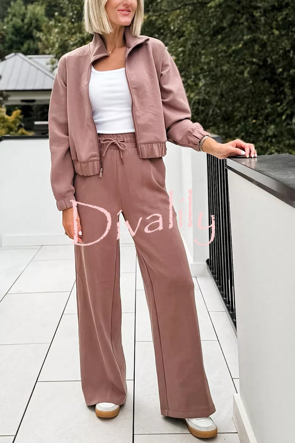 Airy Sleek Full Zip Jacket and High Rise Elastic Waist Pocket Wide Leg Sweatpants Set