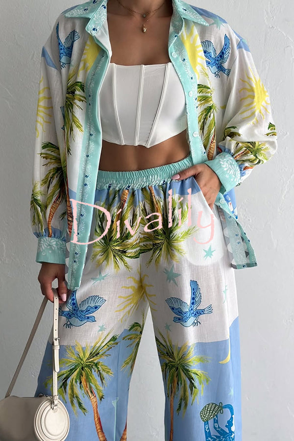 Holiday Style Print Loose Long Sleeve Shirt and Elastic Waist Loose Pocket Wide Leg Pants Set