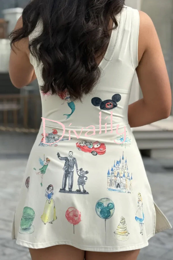 Childish Cartoon Print Sleeveless Fitted Lace-Up Mini Dress