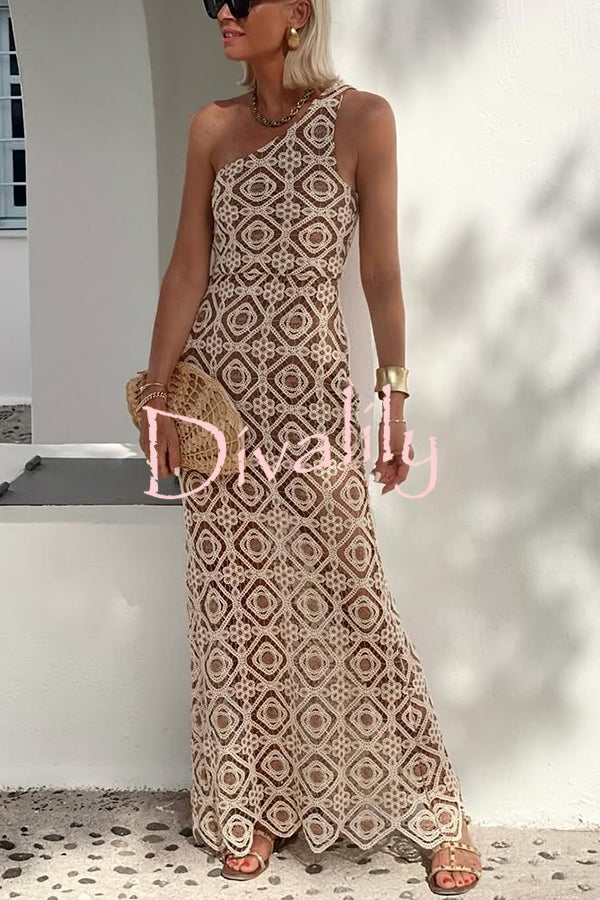 Obsessed with Beauty Crochet Lace One Shoulder Maxi Dress