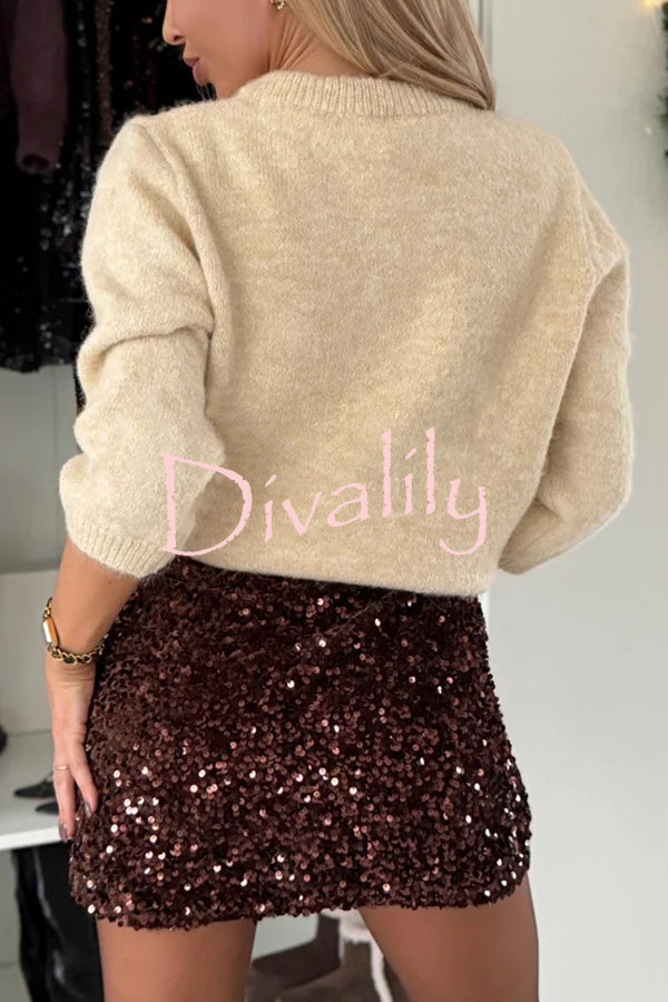 Polished Uptown Knit Tulle Bow Neck Button Up Long Sleeve Cardigan