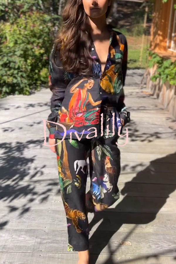 Unique Print Lapel Long Sleeve Loose Shirt and Elastic Waist Pocket Wide Leg Pants Set