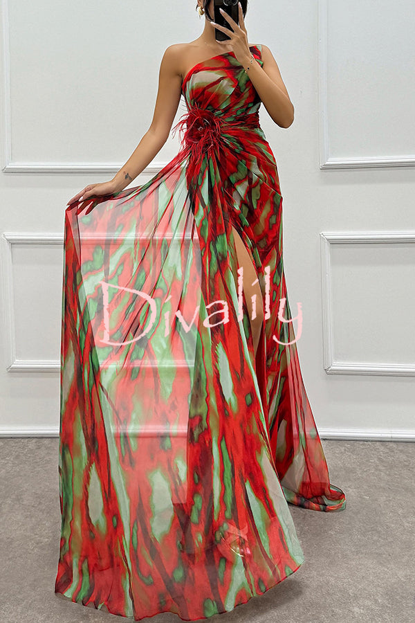 Amazing Views Watercolor Print Feather Rose Detail Off Shoulder Pleated Slit Maxi Dress