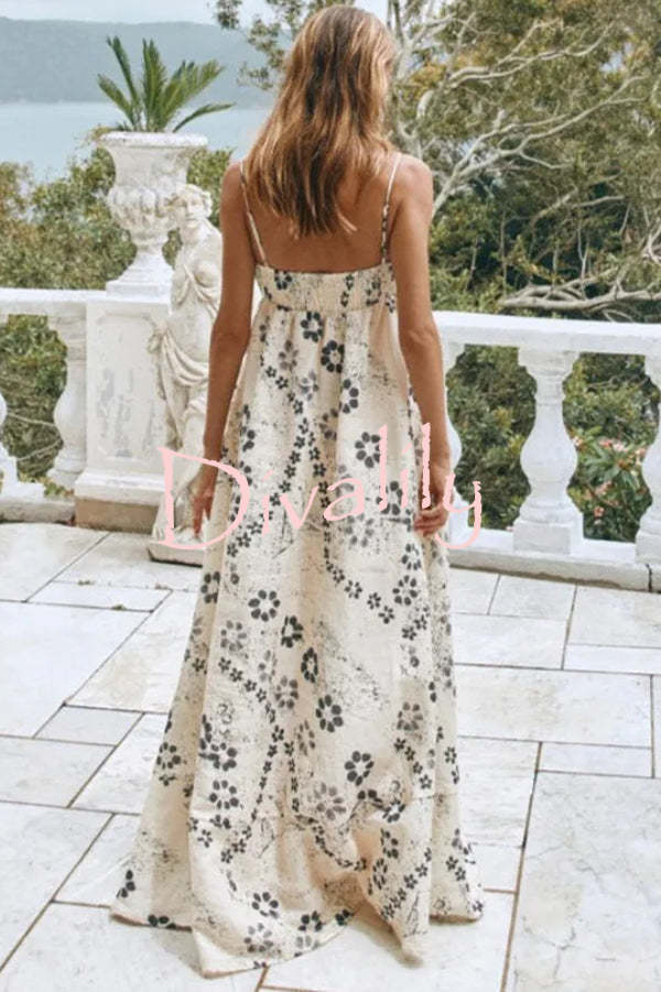 Linen Blend Floral Print Strappy Full-hem Backless Maxi Dress