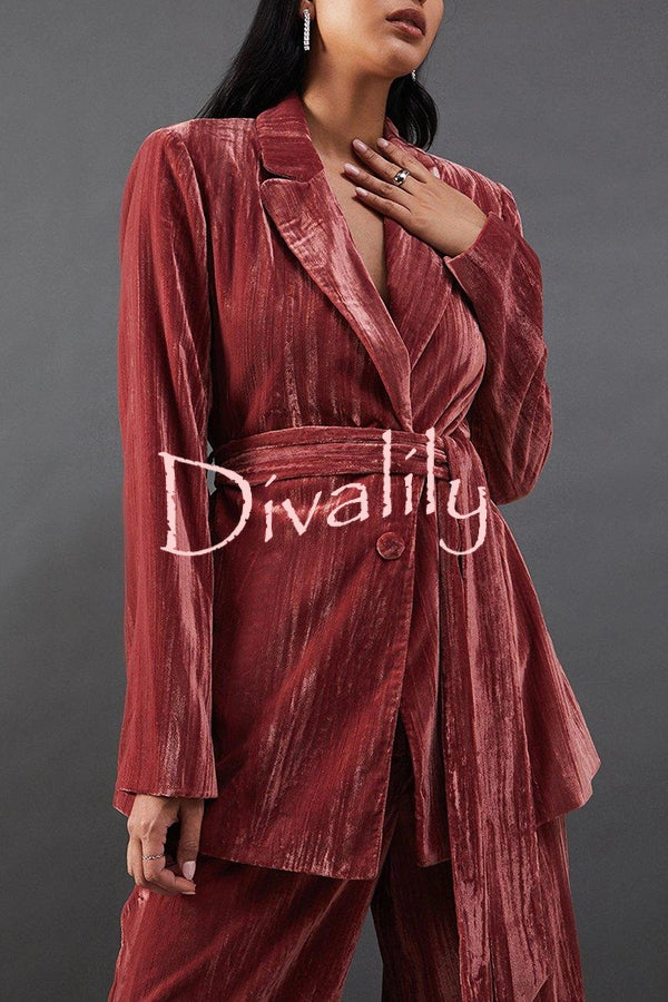Solid Color Velvet Long-sleeved Waist Tie Top and Elastic Waist Casual Pocket Straight-leg Pants Set