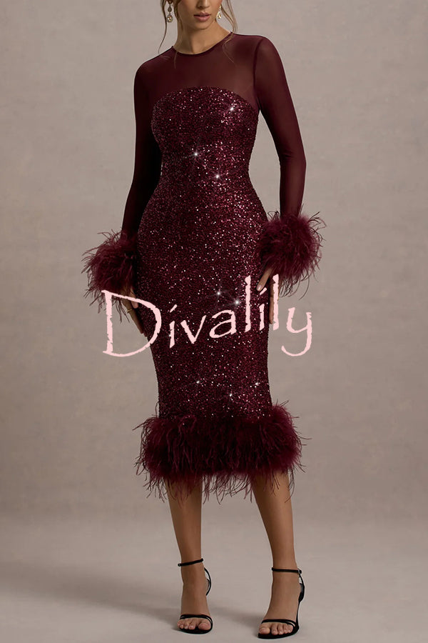 Glamor and Drama Mesh Sequin Patchwork Feather Trim Stretch Midi Dress