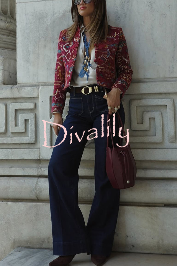 Vintage Bohemian Printed Chinese Style Buttons Long Sleeve Crop Jacket