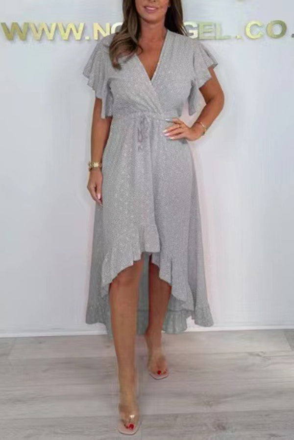 Resort Style V-neck Ruffle Sleeves Waist Tie Irregular Midi Dress