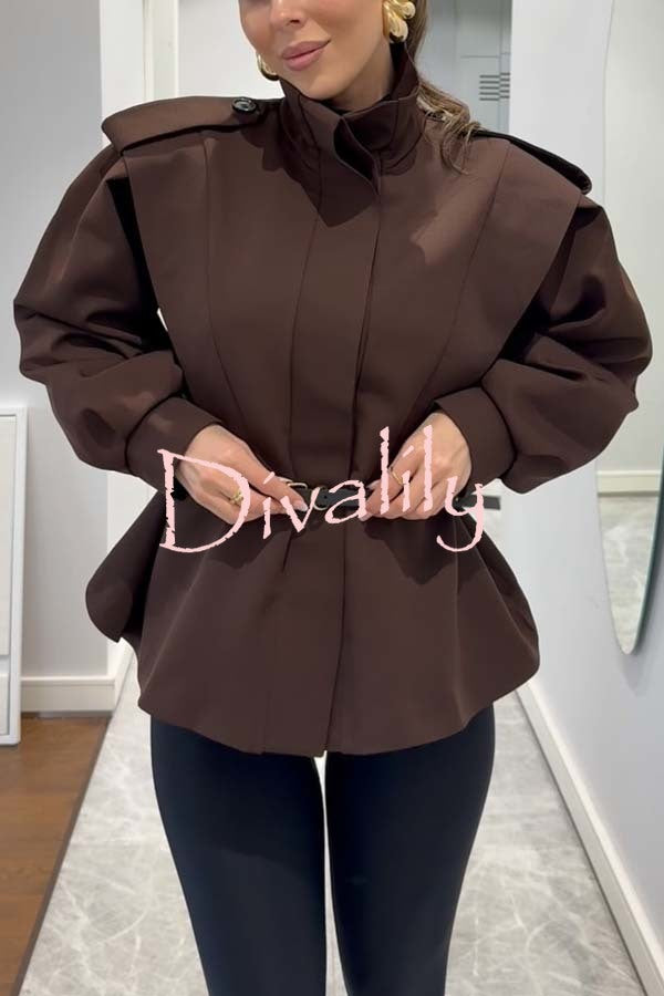 Modern and Bold Stand High Neck Button Up Balloon Sleeve Loose Jacket