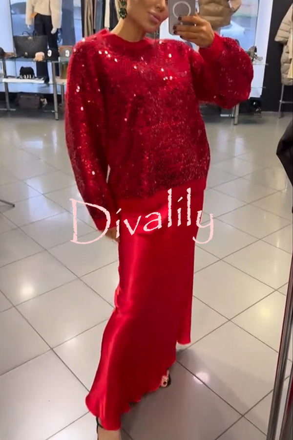 Celebration Day Sequin Patchwork Loose Sweatshirt and Satin Elastic Waist Maxi Skirt Set