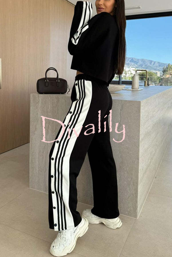 Sporty Chic Striped Patchwork Sweatshirt and Elastic Waist Side Button Up Loose Pants Set