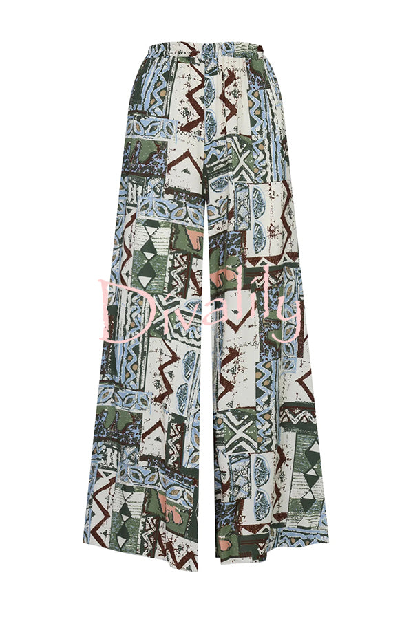 Terrace View Off Shoulder Tie Loose Top and Elastic Waist Unique Print Loose Pants Set