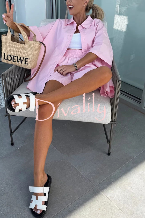 Summer Casual Loose Short-sleeved Shirt and Elastic High Waist Shorts Set