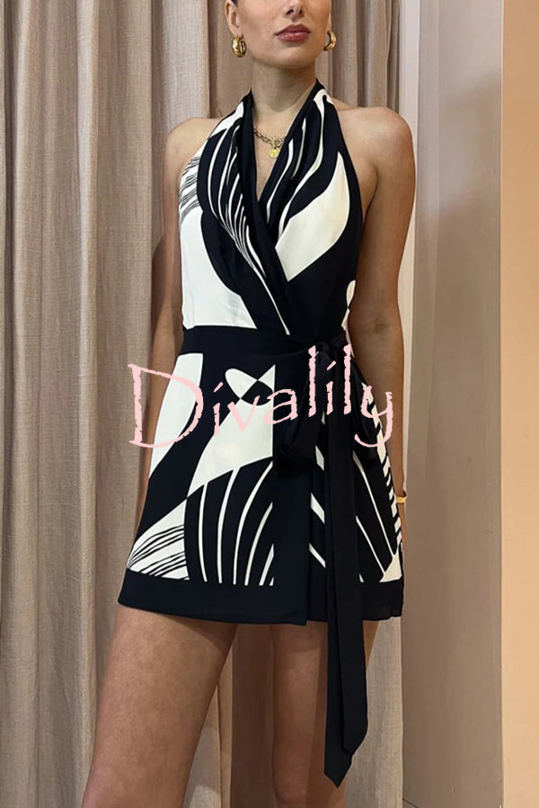 Unique Printed Open Back Waist Tie Holiday Mini Dress