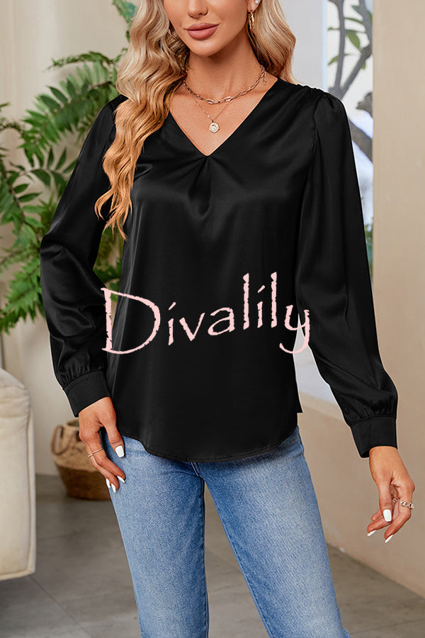 Satin Pleated V-neck Long-sleeved Loose Shirt