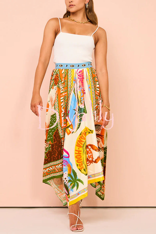 Summer Destination Satin Unique Print Elastic Waist Irregular Hem Maxi Skirt