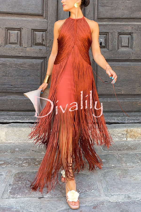 Fashion Sleeveless Halter Neck Elegant Tassel Slim Maxi Dress