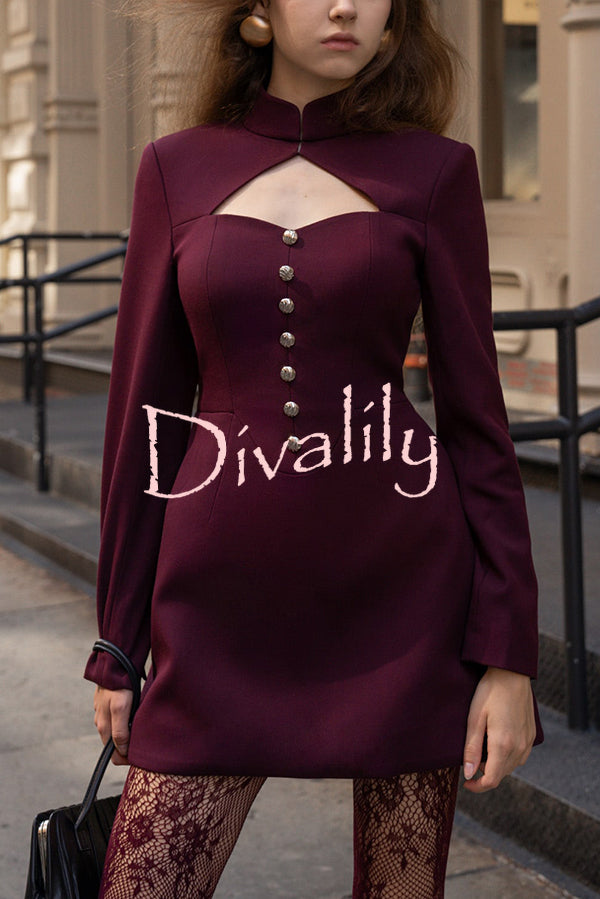 Elegant Long-sleeved Hollowed-out Button-down Slim-fit Mini Dress
