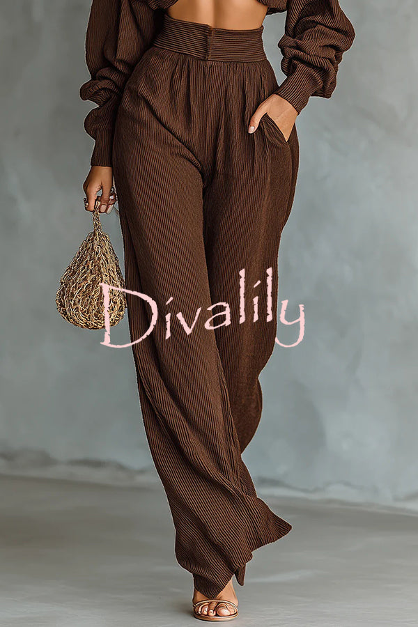 Solid Color Textured Fabric Round Neck Long-sleeved Top + High Waist Casual Pocket Wide-leg Pants Set