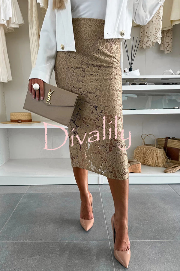 Lesia Floral Lace High Rise Slit Stretch Midi Skirt