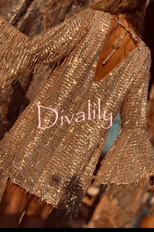 Flowing Shimmer Sequin Tassel Fabric Bell Sleeve Back Tie-up Loose Mini Dress