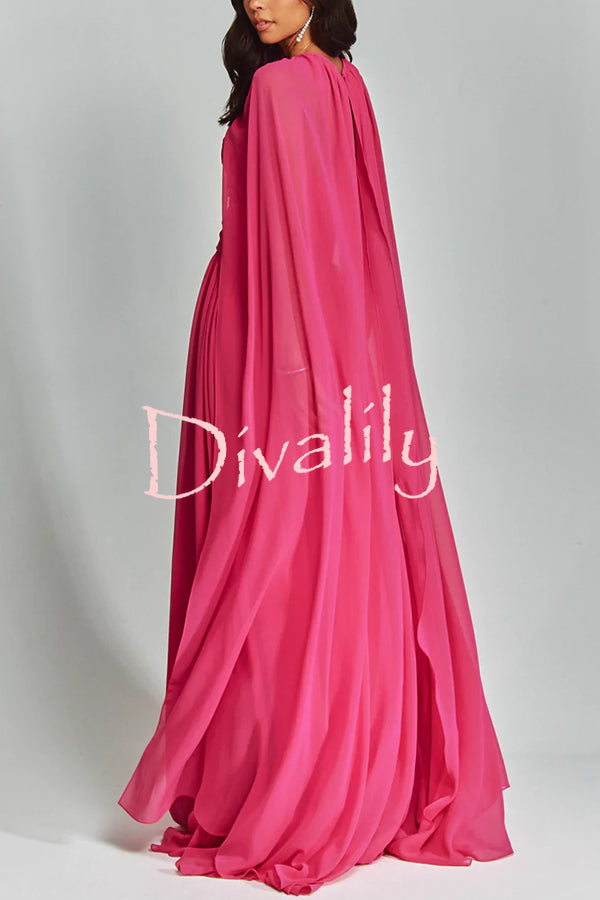 Romantic Party Chiffon Off Shoulder Sweetheart Neck Ruched Cape Maxi Dress
