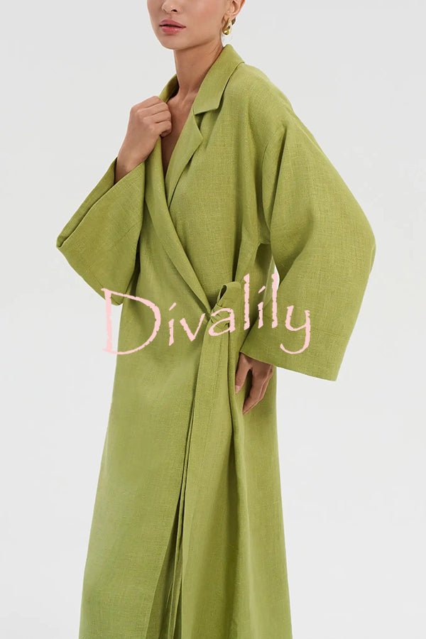 Linen Blend Solid Color Casual Lapel Tie Loose Maxi Dress