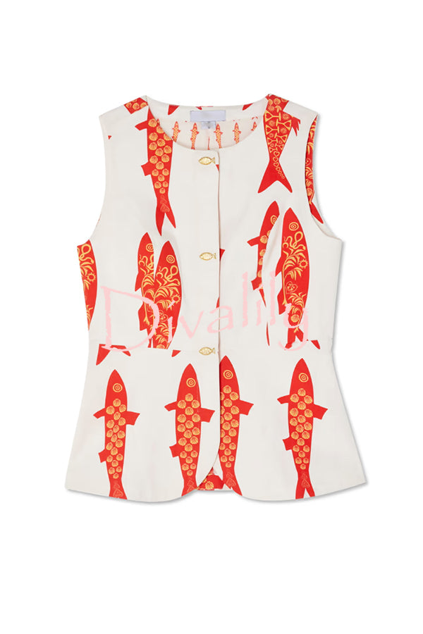 Good Luck Linen Blend Koi Pattern Metal Buttons Waisted Vest