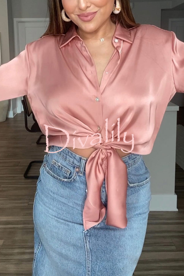 Switch Styles At Will Satin Botton Up Long Sleeve Relaxed Blouse