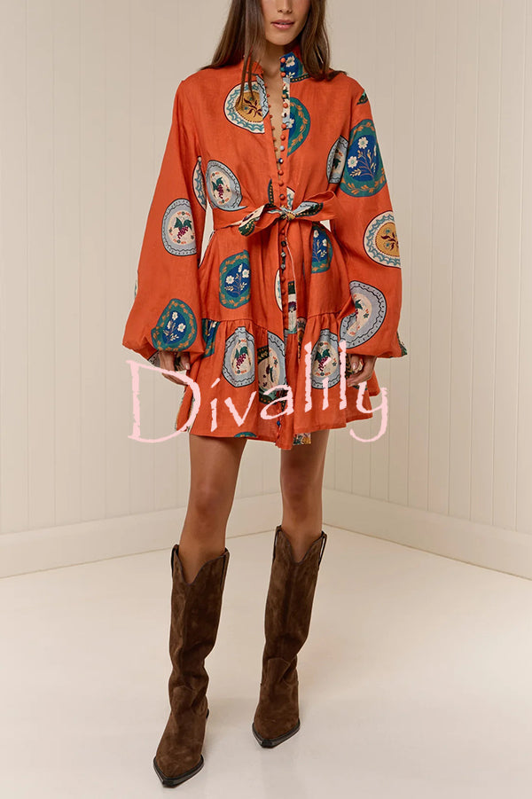 Linen Blend Unique Print Tie Waist Loose Mini Dress