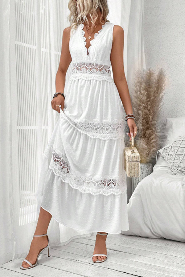 Solid Color Hollow Lace Splicing V-neck Sleeveless Maxi Dress