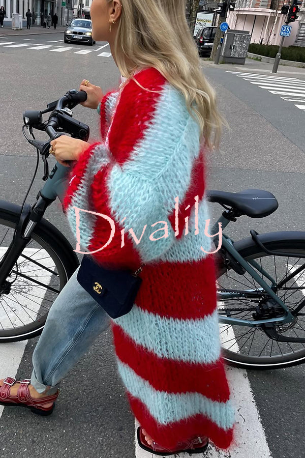 Fashionable Contrast Stripes Lazy Style Loose Long Knitted Cardigan