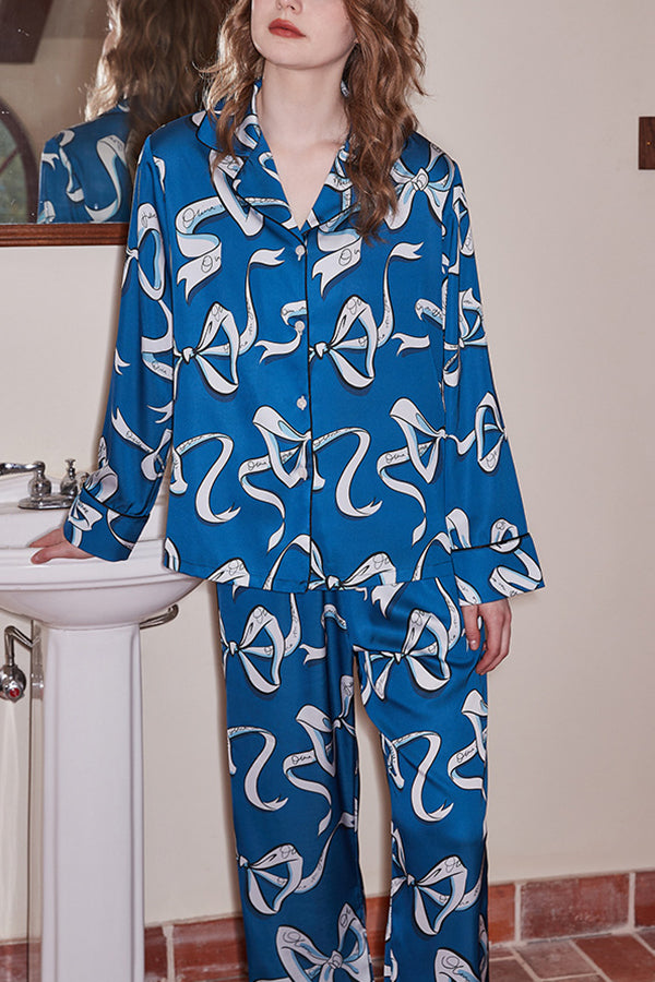 Blue Bow Print Home Long-sleeved Two-piece Set