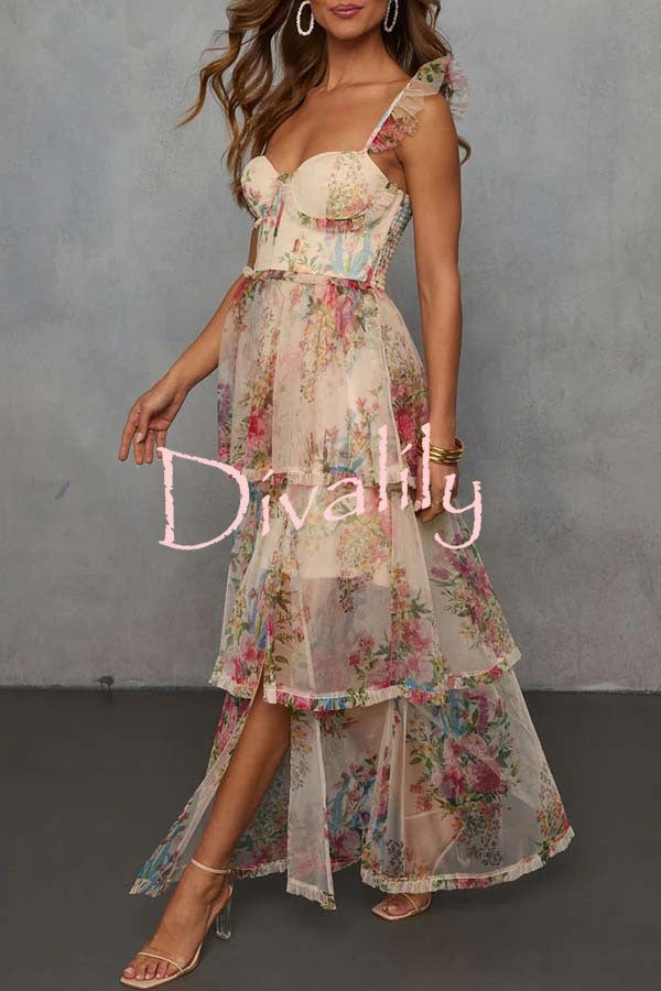 Romantic and Elegant Mesh Floral Back Smocked Tiered Ruffle Maxi Dress