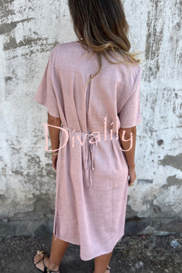 Embroidered Pattern V-neck Short-sleeved Loose Midi Dress