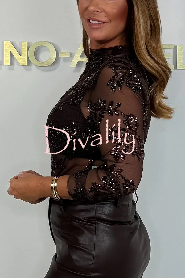 Chelsea Sheer Flower Sequin Detail Mock Neck Long Sleeve Stretch Top