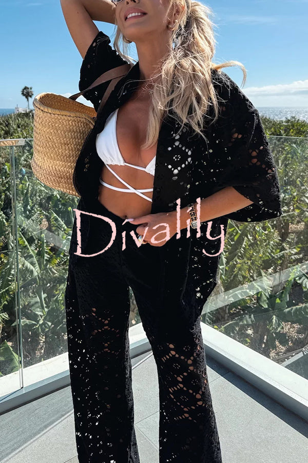 Holiday Crochet Flowers Lace Short Sleeve Shirt and Elastic Waist Wide Leg Pants Set