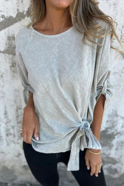Solid Color Casual Round Neck Loose Knot Top