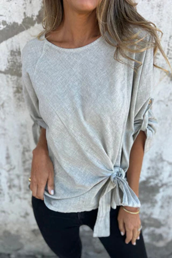 Solid Color Casual Round Neck Loose Knot Top